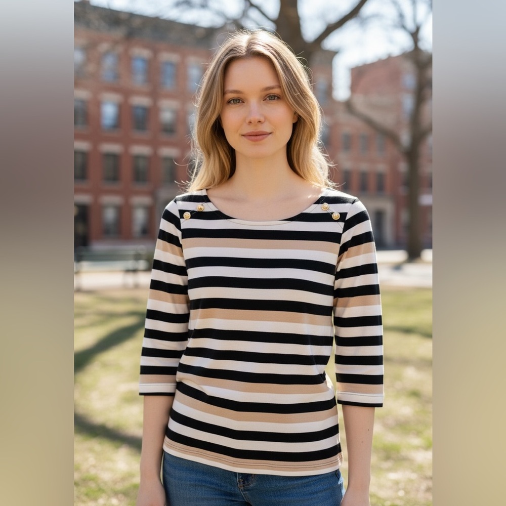 Tommy Hilfiger Striped Scoop Neck with Collar Buttons Long Sleeves Top